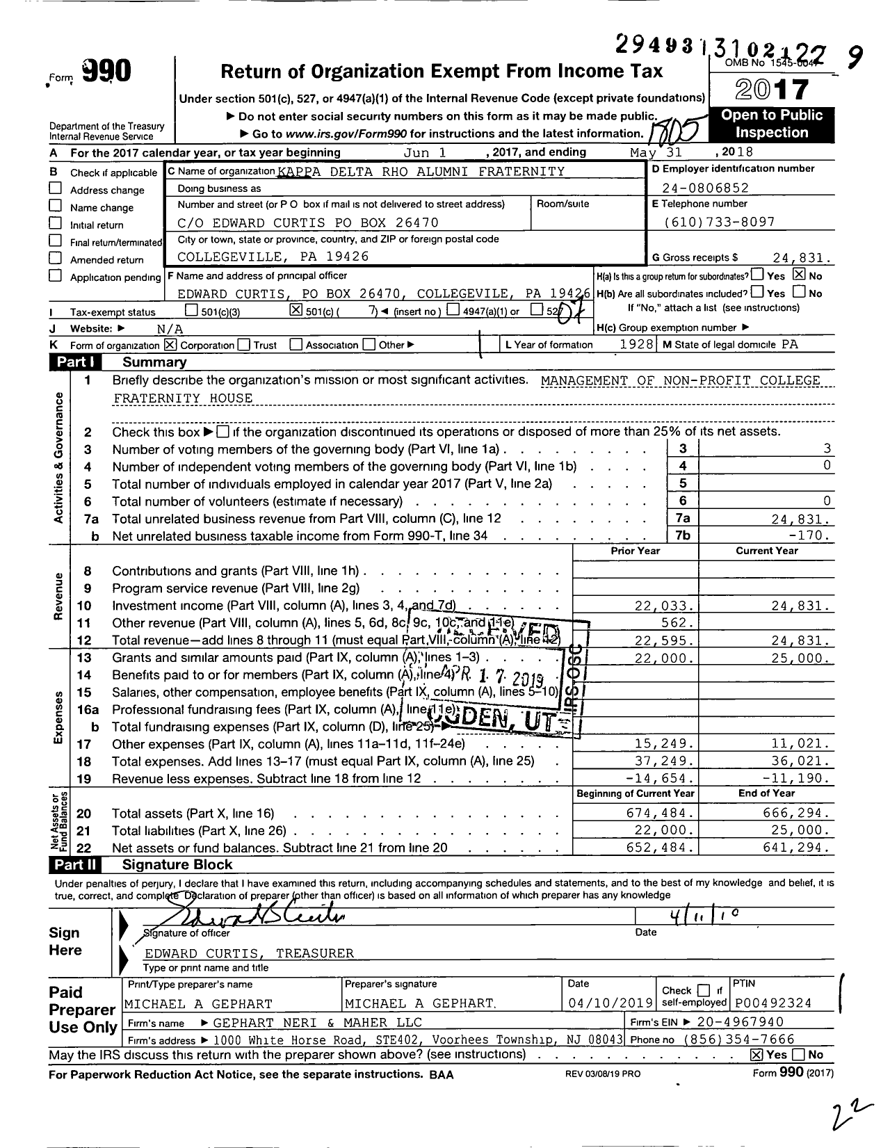 Image of first page of 2017 Form 990O for Kappa Delta Rho Alumni Fraternity