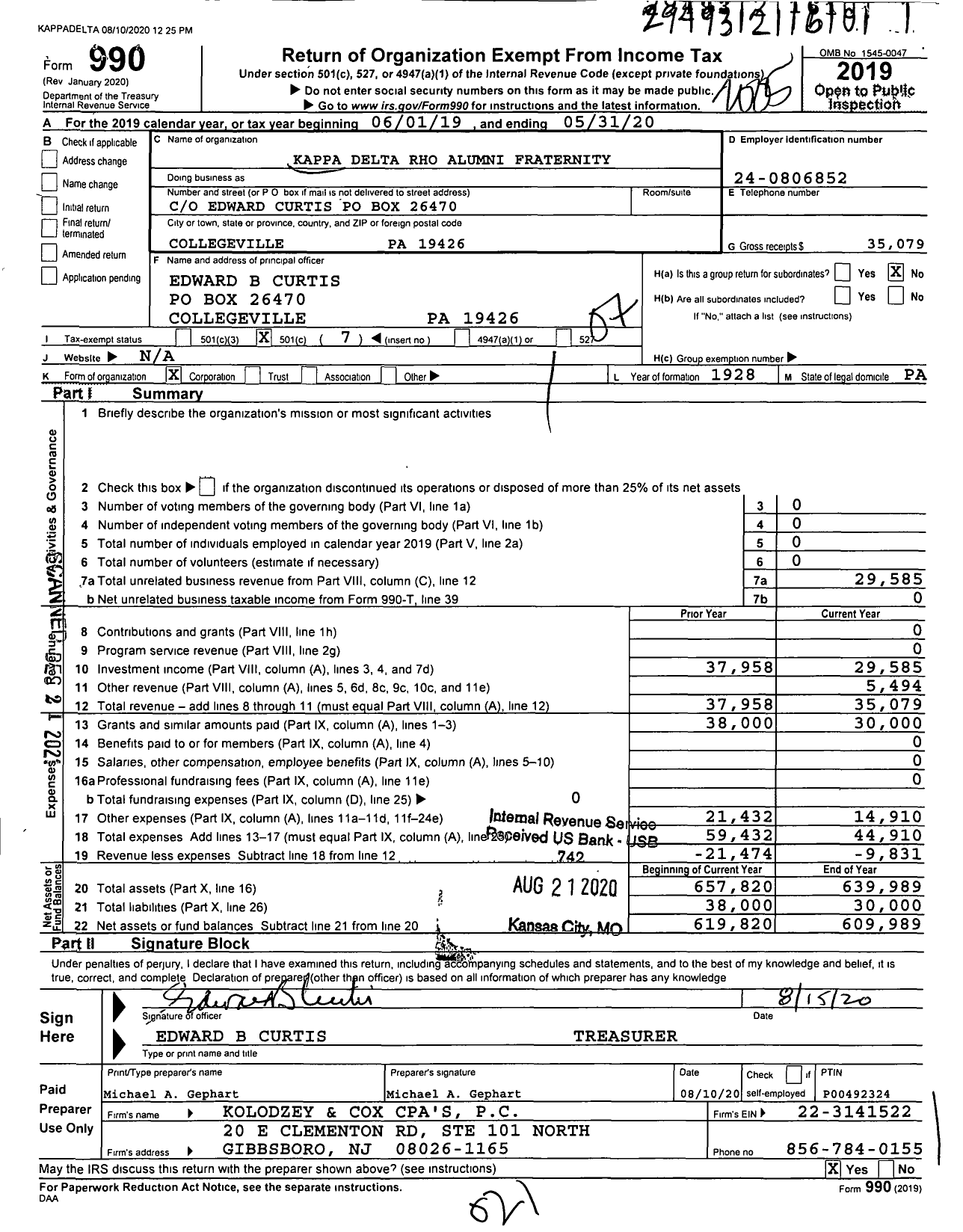 Image of first page of 2019 Form 990O for Kappa Delta Rho Alumni Fraternity