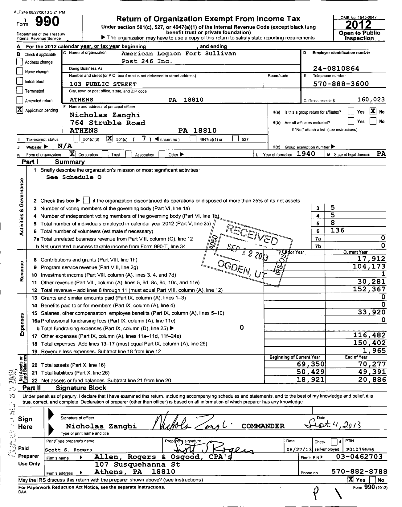 Image of first page of 2012 Form 990O for Athens Legion Post 246 Home Association