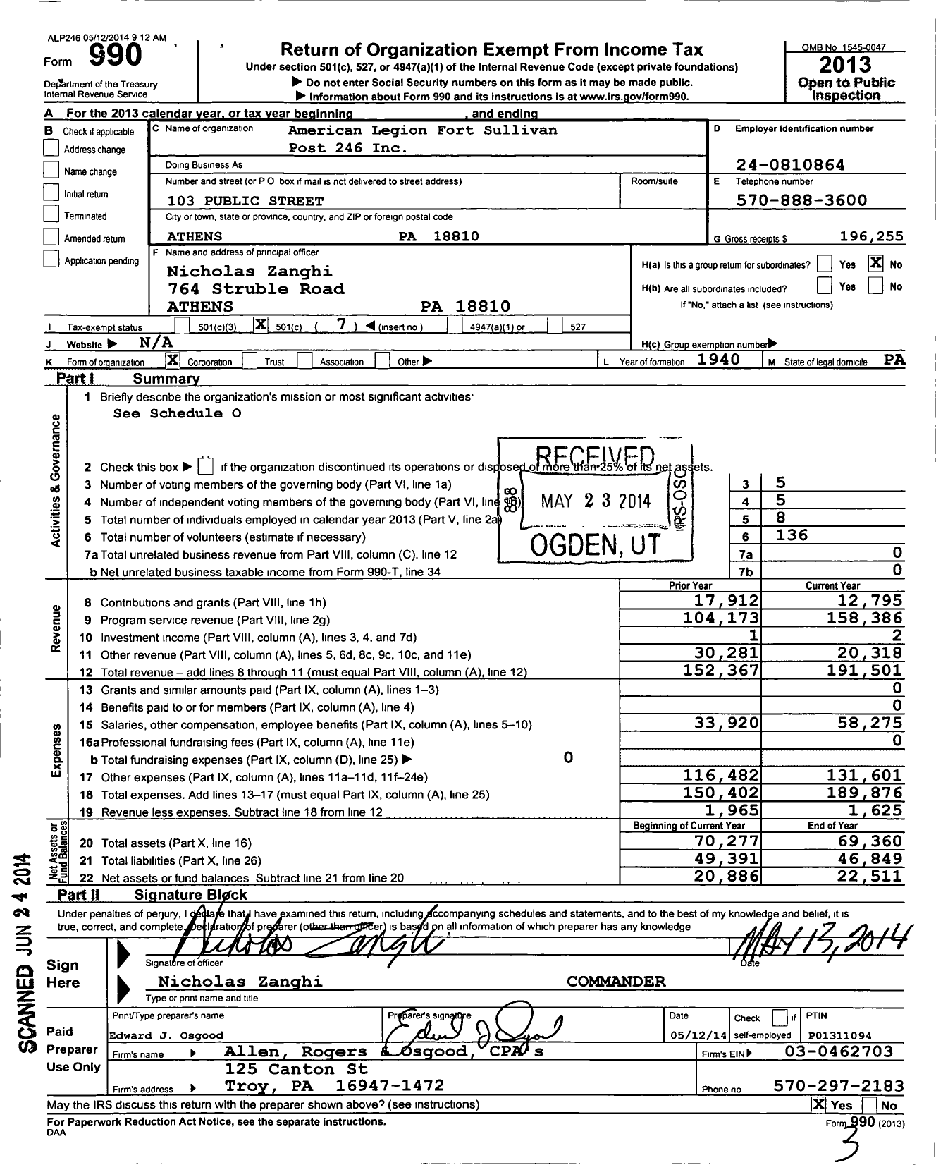 Image of first page of 2013 Form 990O for Athens Legion Post 246 Home Association