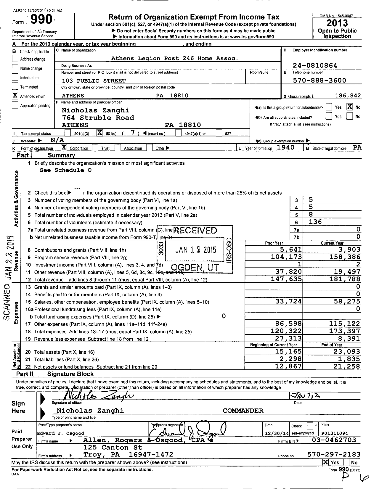 Image of first page of 2013 Form 990O for Athens Legion Post 246 Home Association