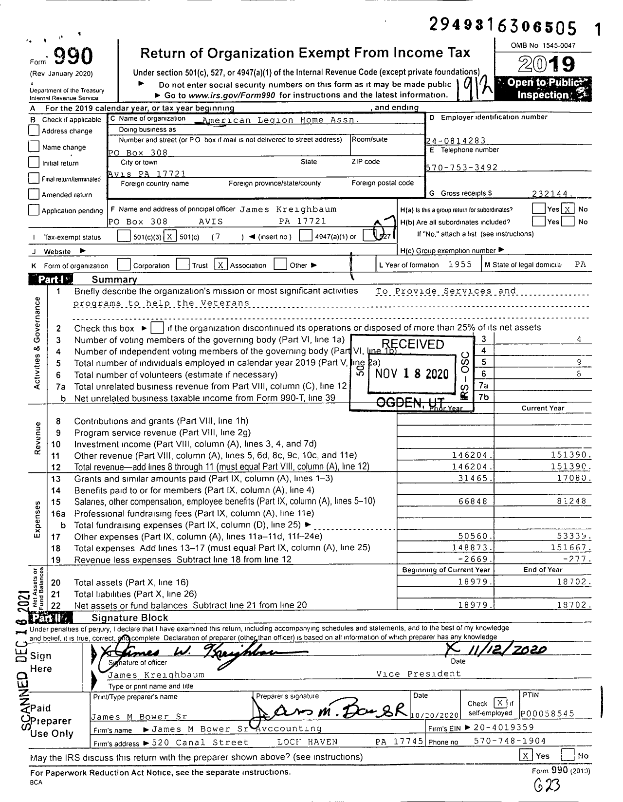 Image of first page of 2019 Form 990O for American Legion Home Association