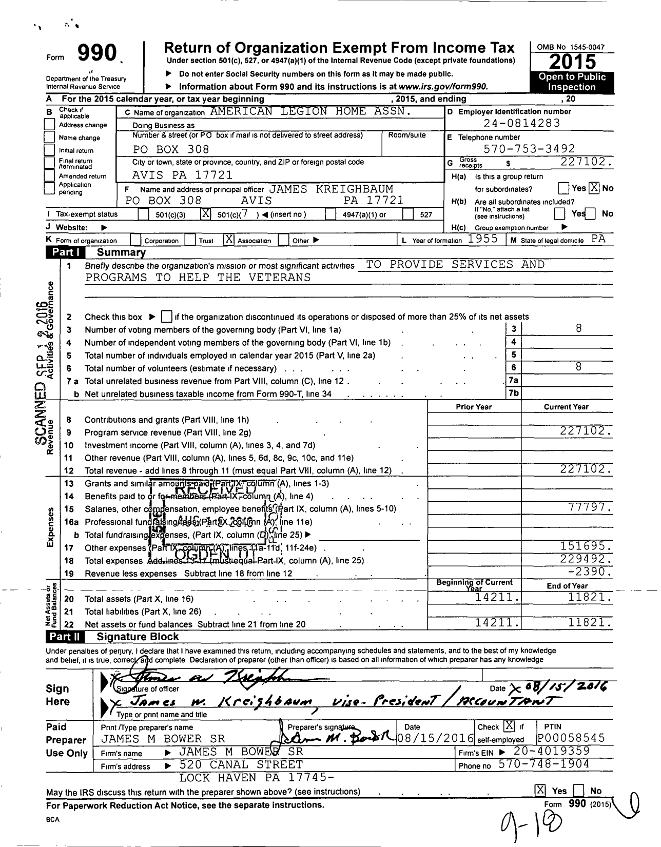 Image of first page of 2015 Form 990O for American Legion Home Association