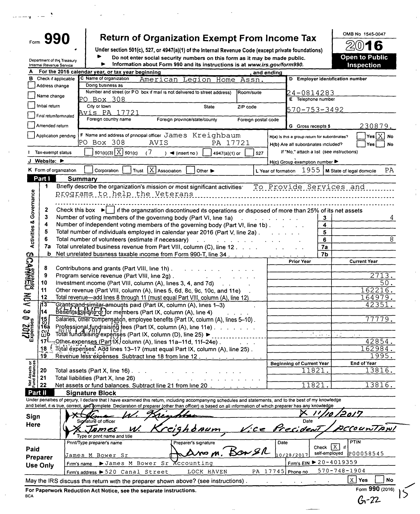 Image of first page of 2016 Form 990O for American Legion Home Association
