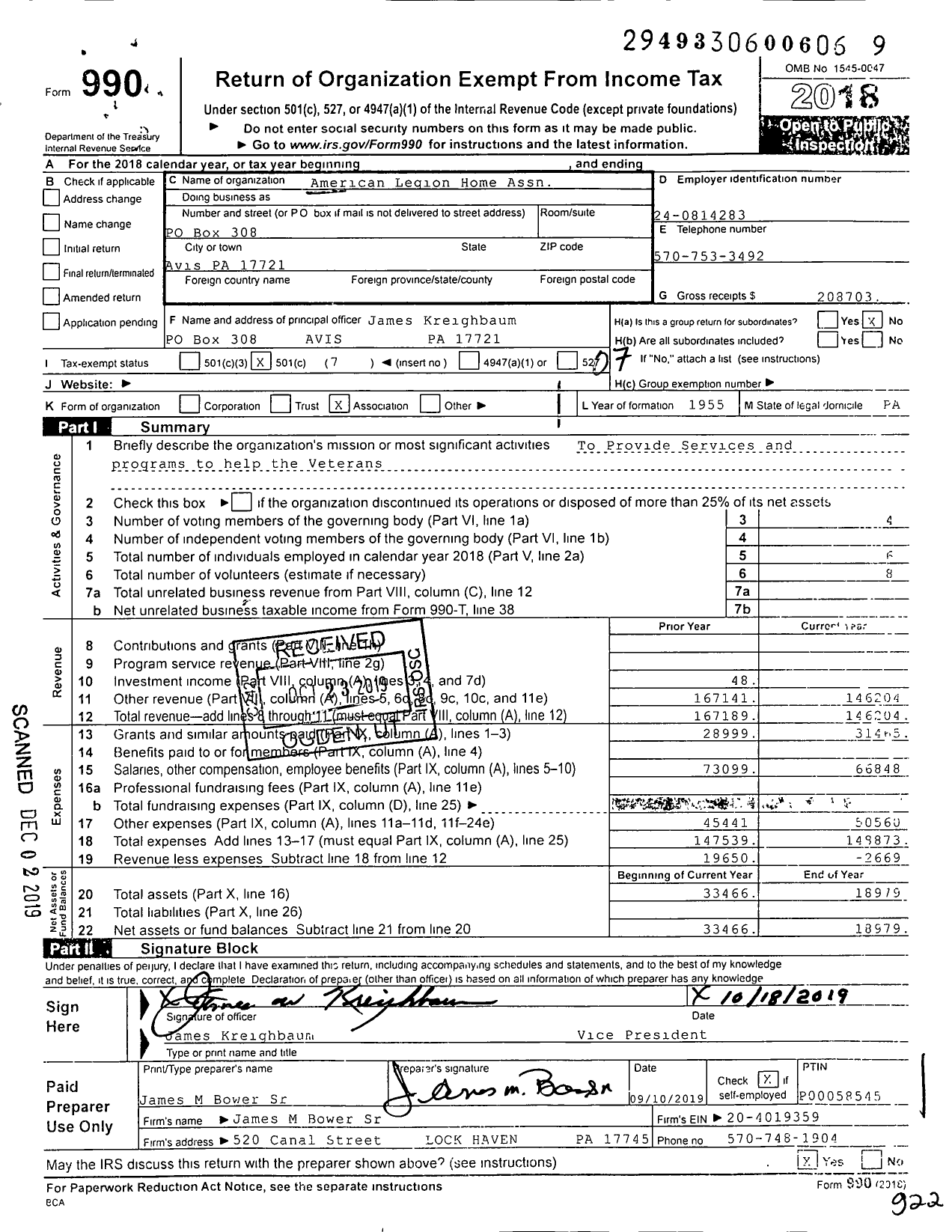 Image of first page of 2018 Form 990O for American Legion Home Association