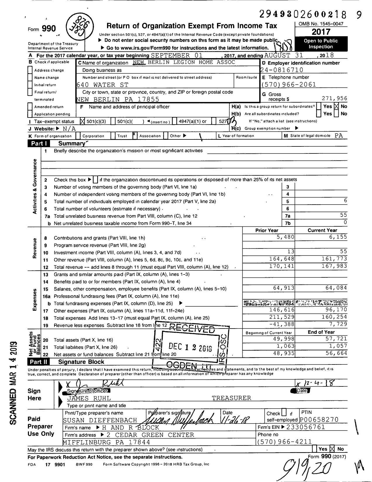 Image of first page of 2017 Form 990 for American Legion - 0957 Benfer-Miller