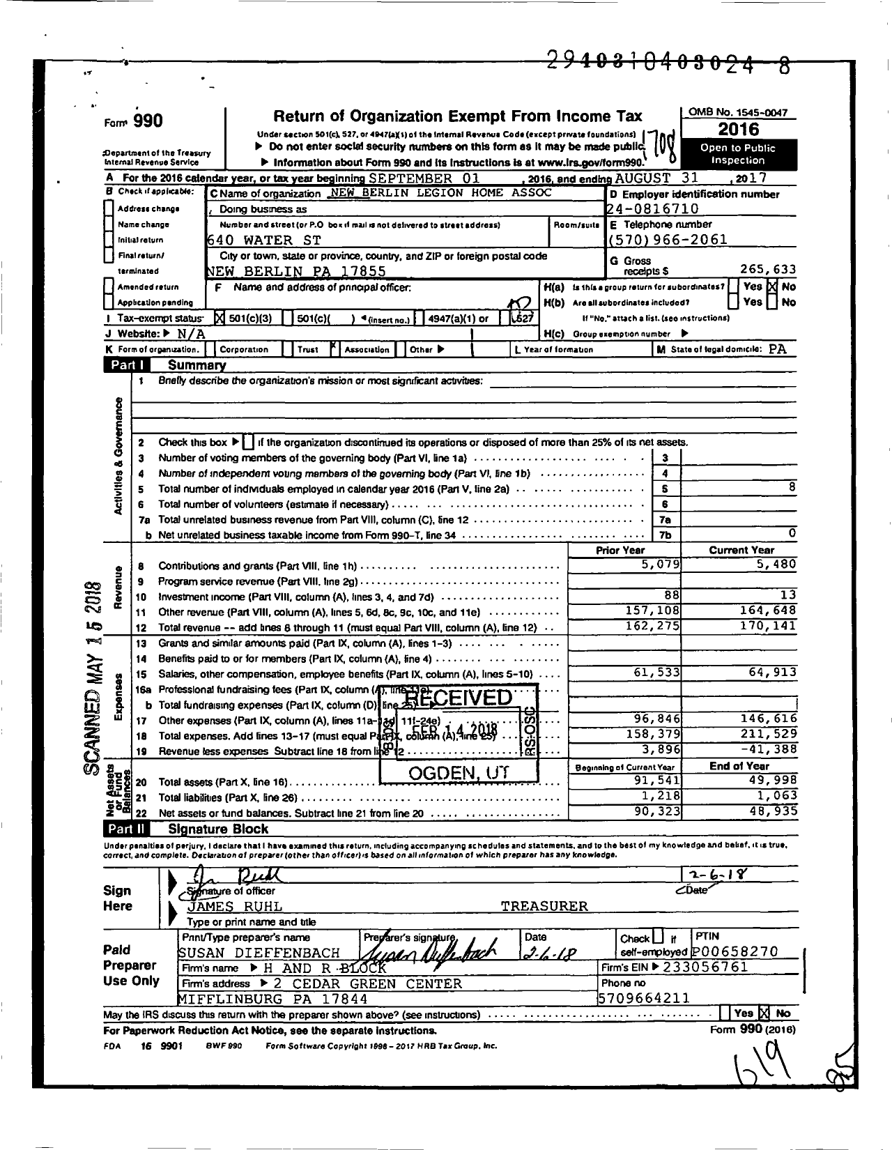 Image of first page of 2016 Form 990 for American Legion - 0957 Benfer-Miller