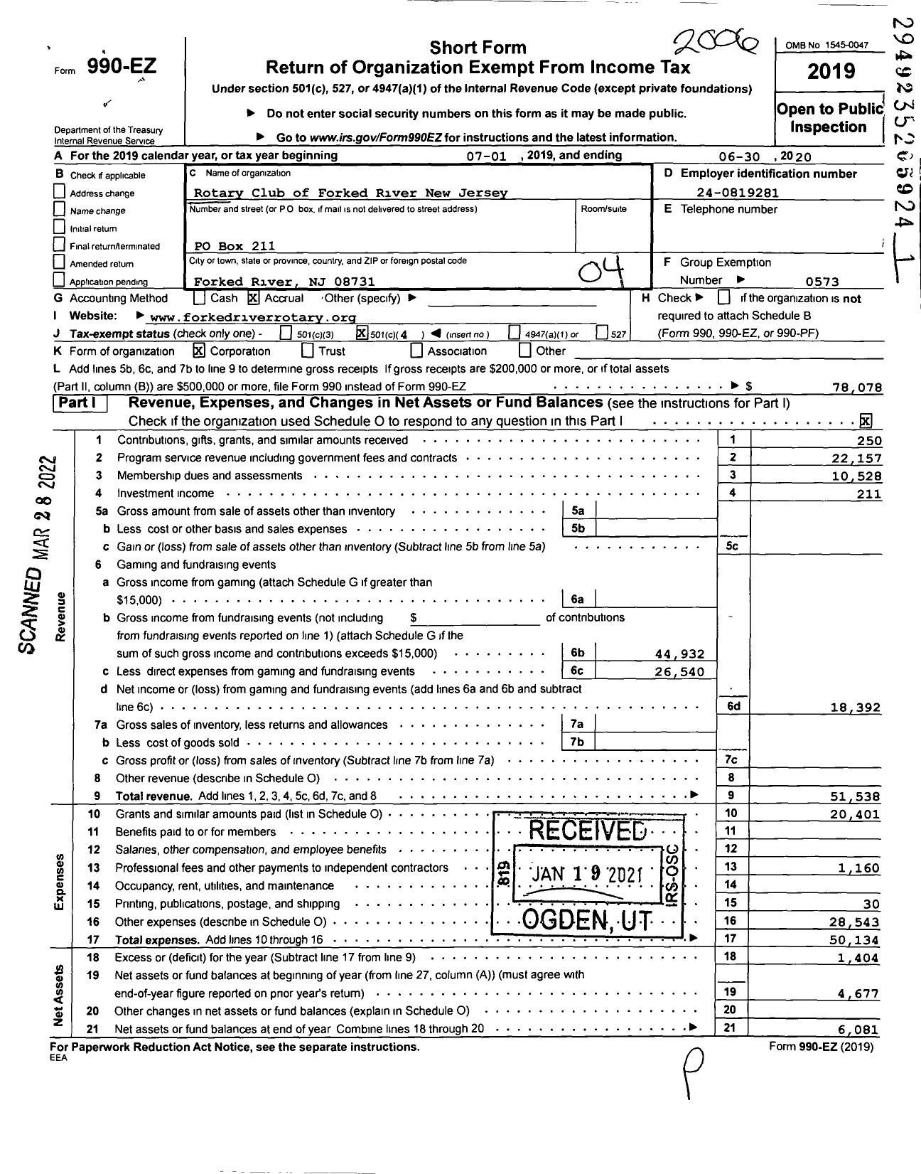 Image of first page of 2019 Form 990EO for Rotary International - Forked River Rotary Club