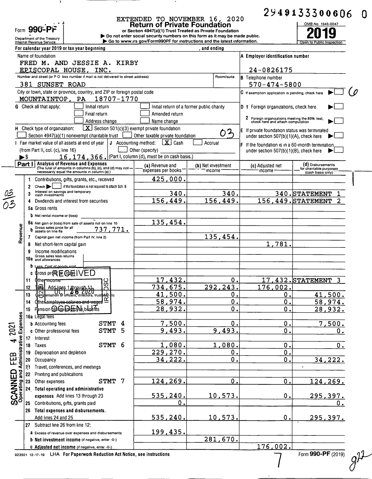 Image of first page of 2019 Form 990PF for Fred M and Jessie A Kirby Episcopal House