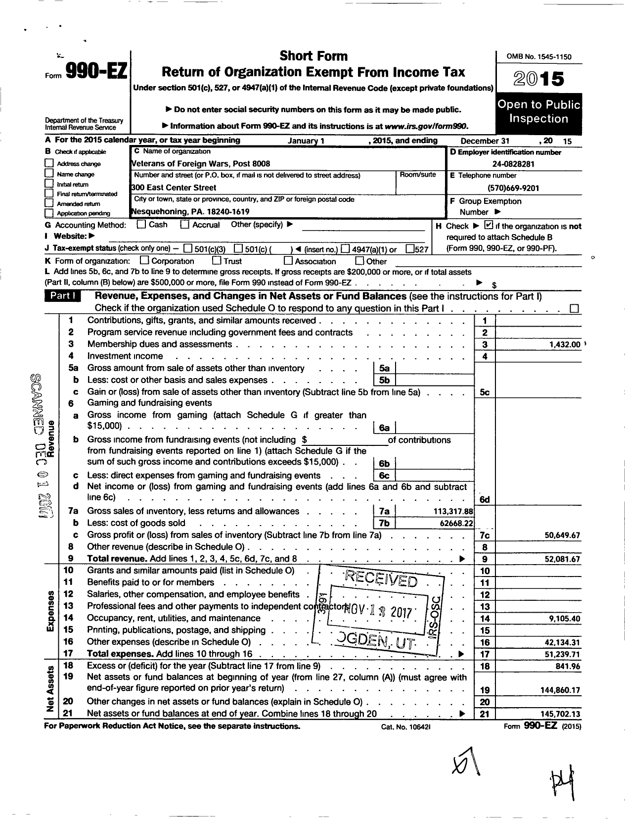 Image of first page of 2015 Form 990EO for VFW Department of Pennsylvania - 8008 Nesquehoning Post