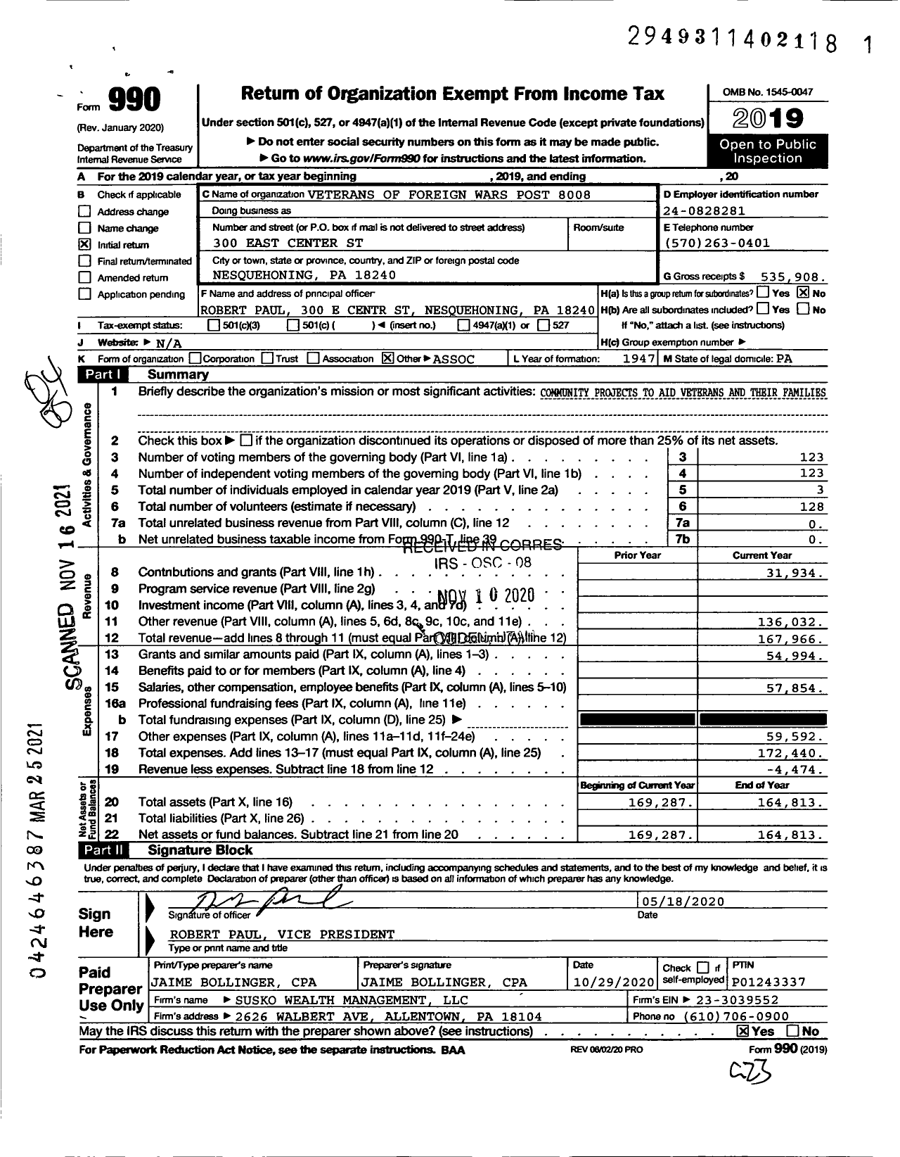 Image of first page of 2019 Form 990O for VFW Department of Pennsylvania - 8008 Nesquehoning Post