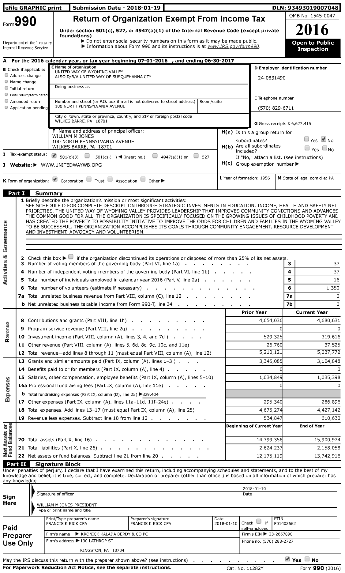 Image of first page of 2016 Form 990 for United Way of Wyoming Valley
