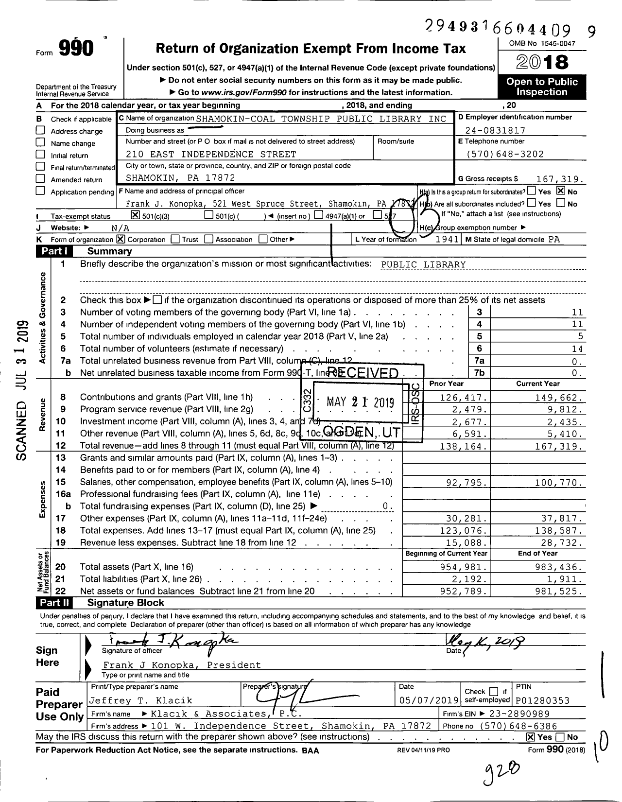 Image of first page of 2018 Form 990 for Shamokin-Coal Township Public Library