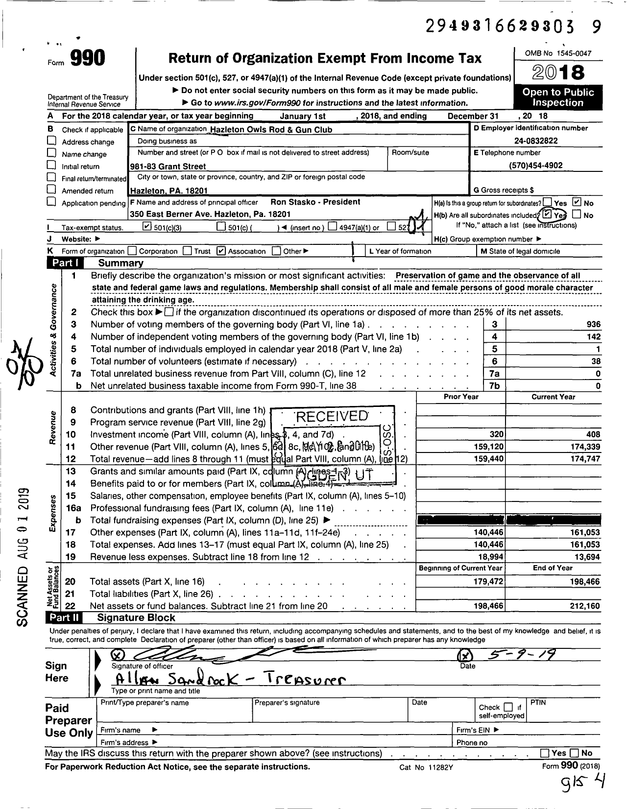 Image of first page of 2018 Form 990O for Hazleton Owls Rod and Gun Club