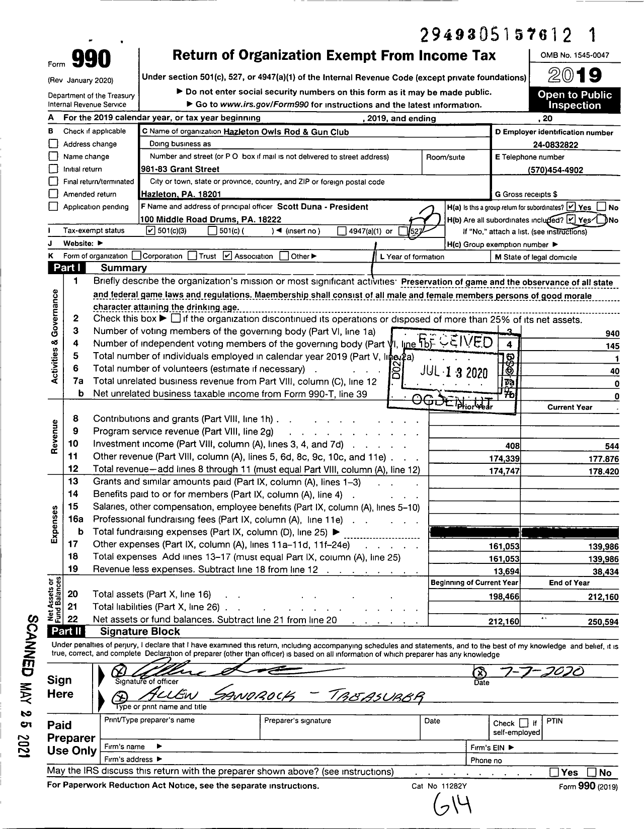 Image of first page of 2019 Form 990 for Hazleton Owls Rod and Gun Club