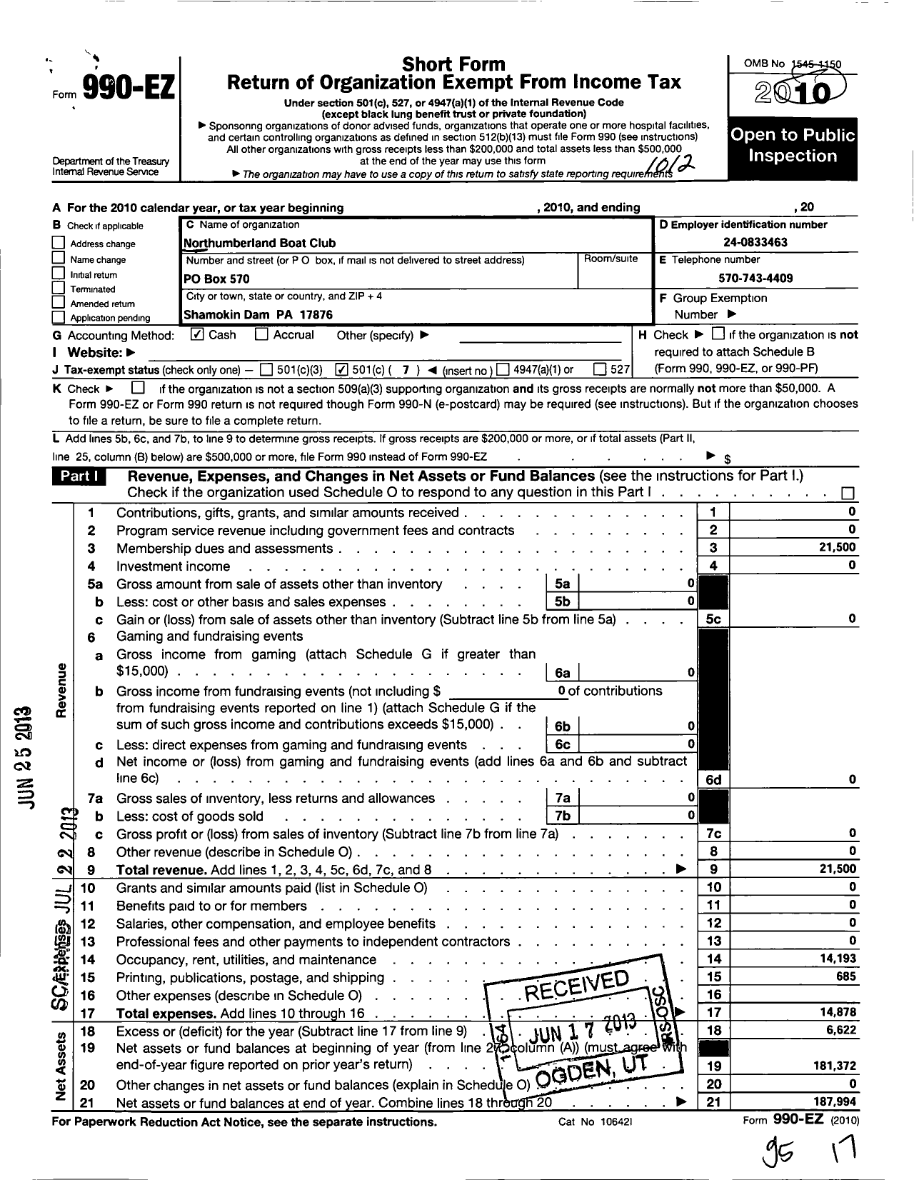 Image of first page of 2010 Form 990EO for Northumberland Boat Club