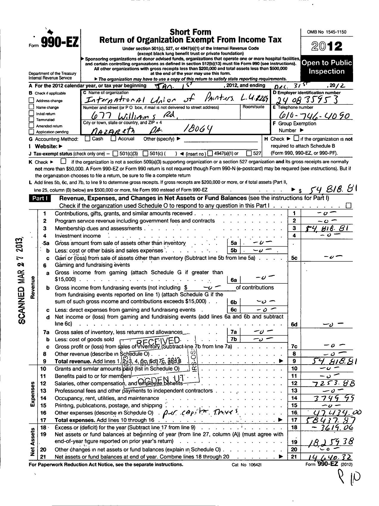 Image of first page of 2012 Form 990EO for International Union of Painters and Allied Trades - 1269