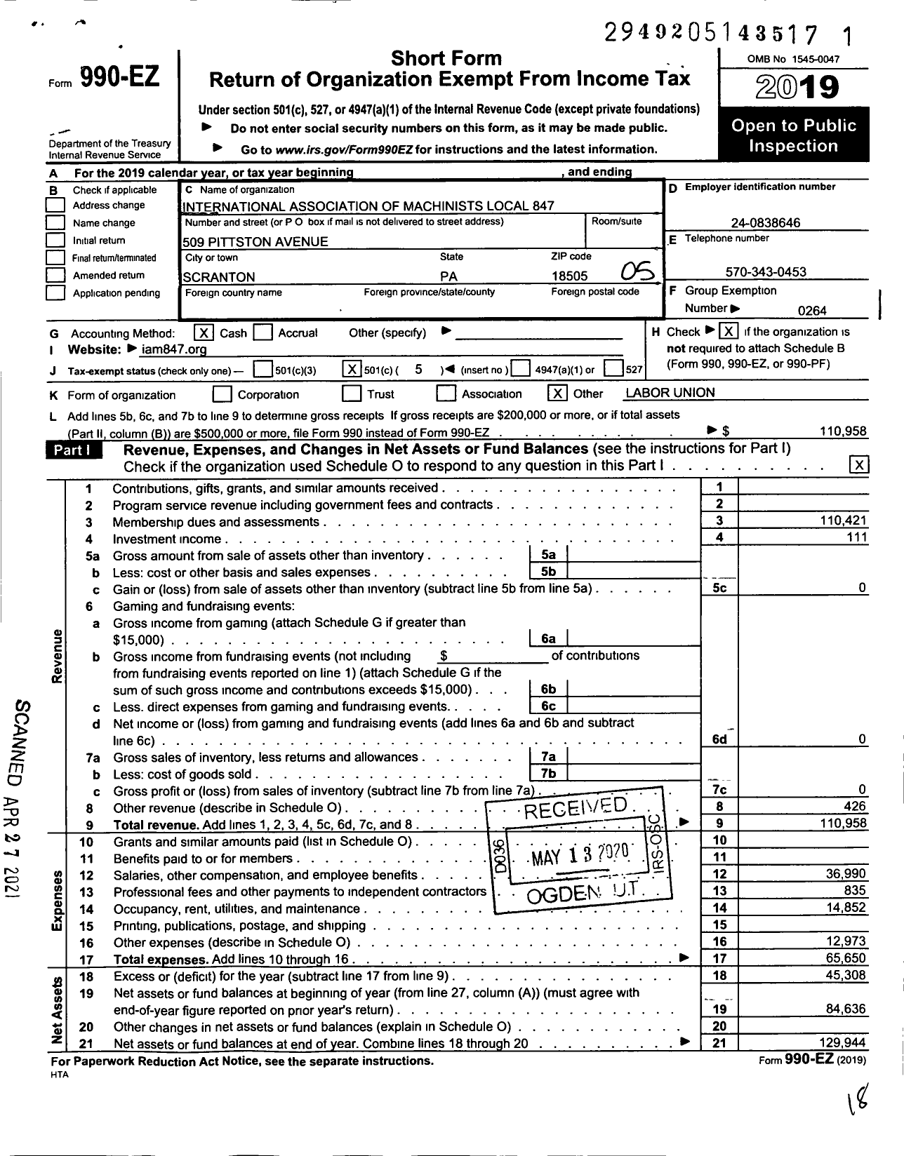 Image of first page of 2019 Form 990EO for International Association of Machinists and Aerospace Workers - 847 Lodge