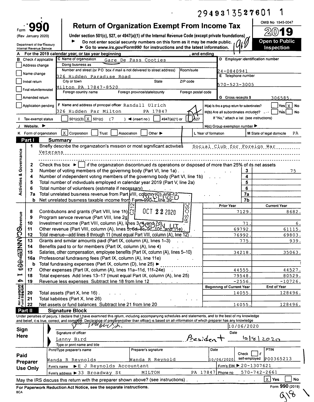 Image of first page of 2019 Form 990O for Gare De Pass Cooties