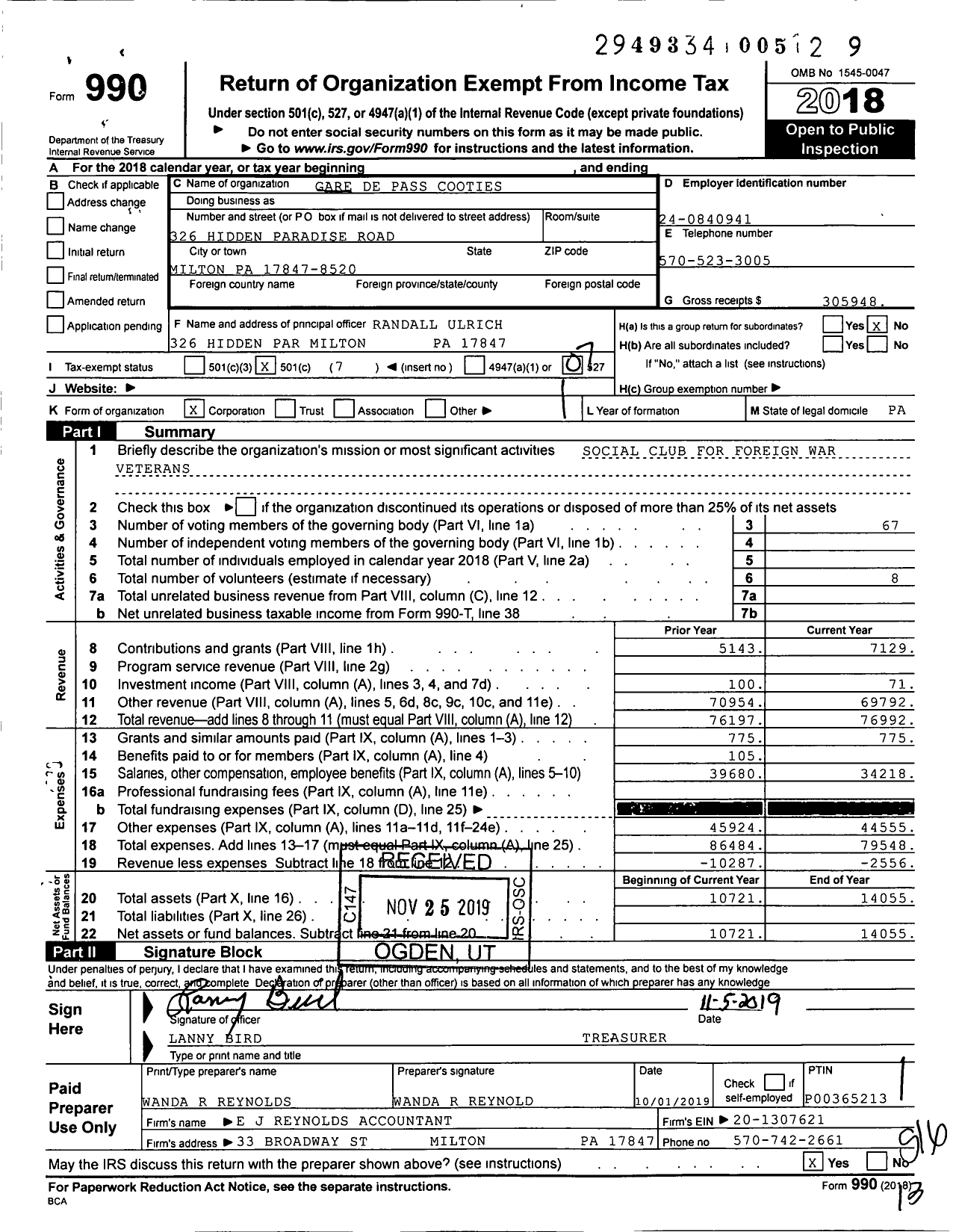 Image of first page of 2018 Form 990O for Gare De Pass Cooties