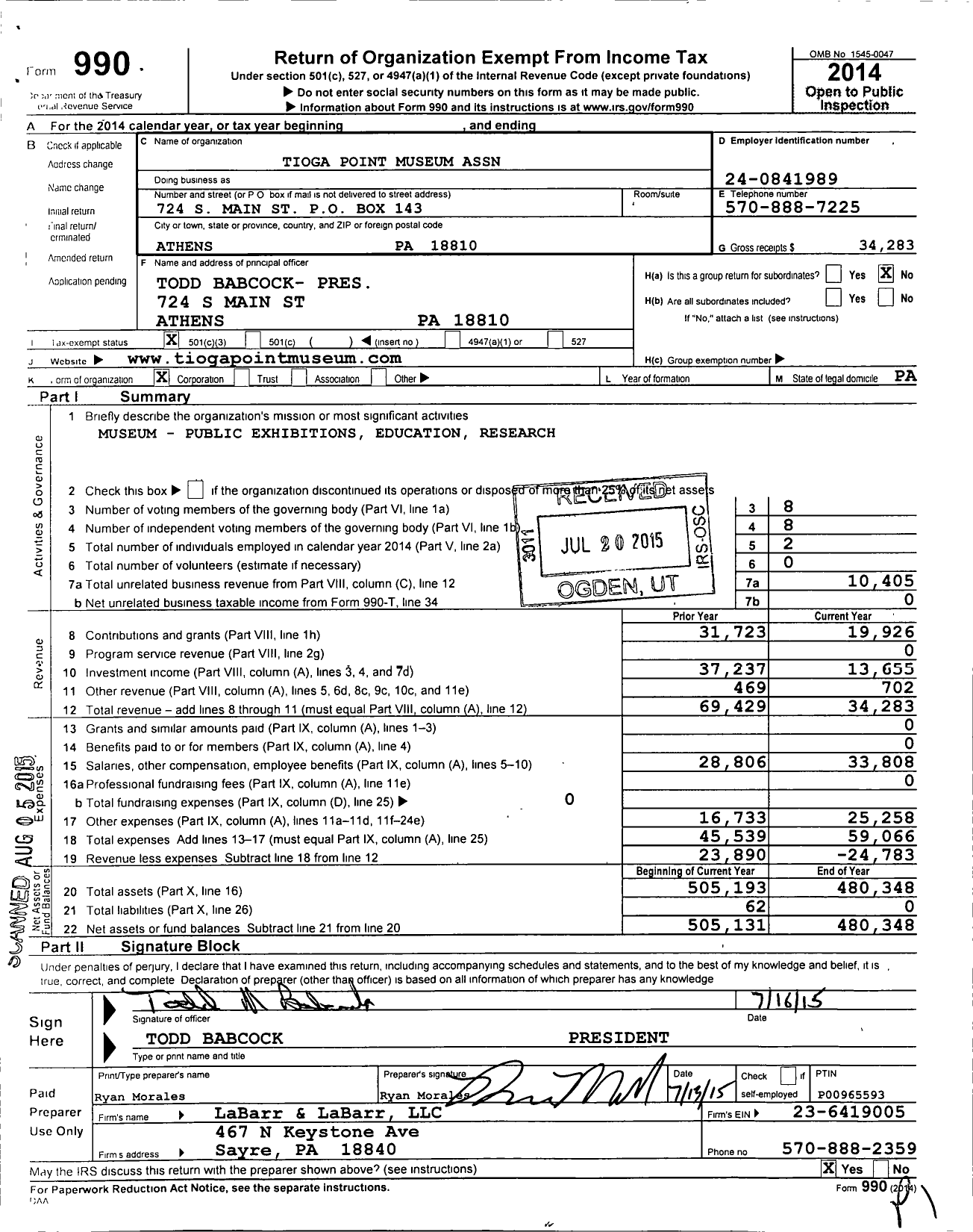 Image of first page of 2014 Form 990 for Tioga Point Museum Association