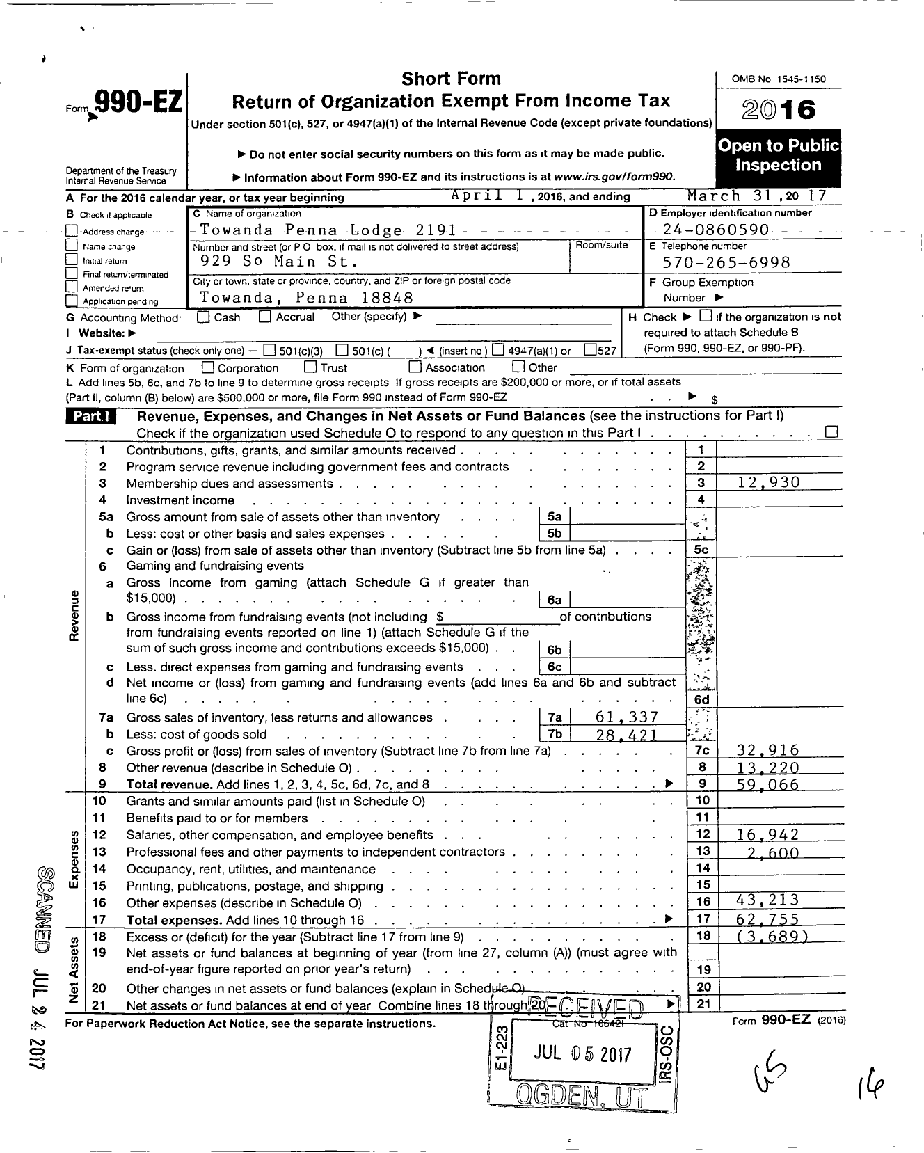 Image of first page of 2016 Form 990EO for Benevolent and Protective Order of Elks - 2191 Towanda Penna Lodge