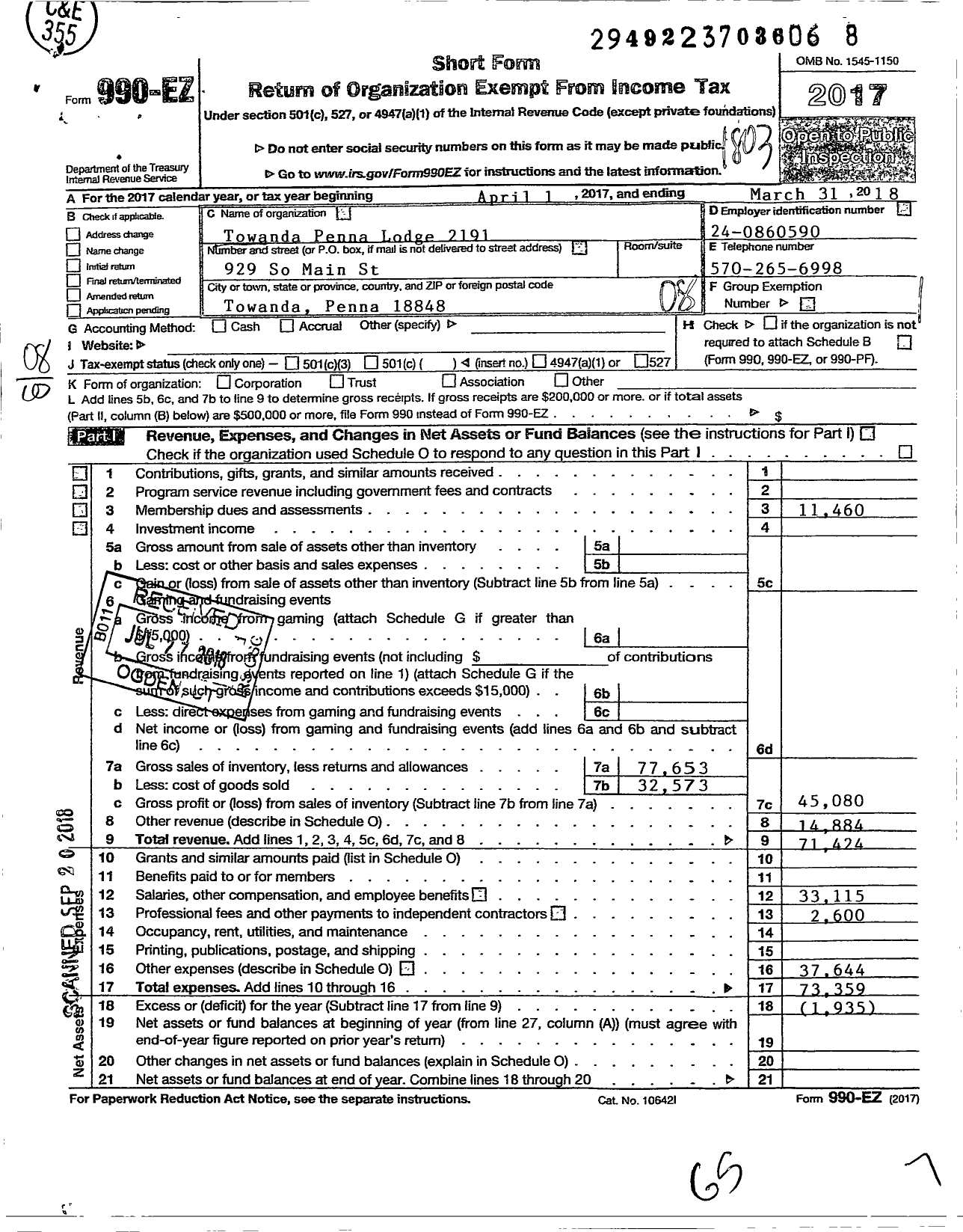 Image of first page of 2017 Form 990EO for Benevolent and Protective Order of Elks - 2191 Towanda Penna Lodge