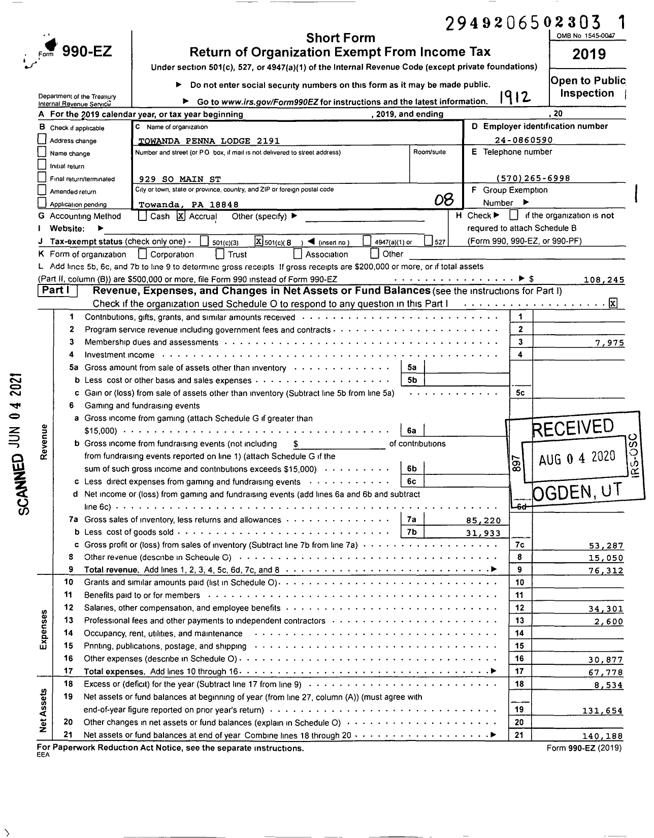 Image of first page of 2019 Form 990EO for Benevolent and Protective Order of Elks - 2191 Towanda Penna Lodge