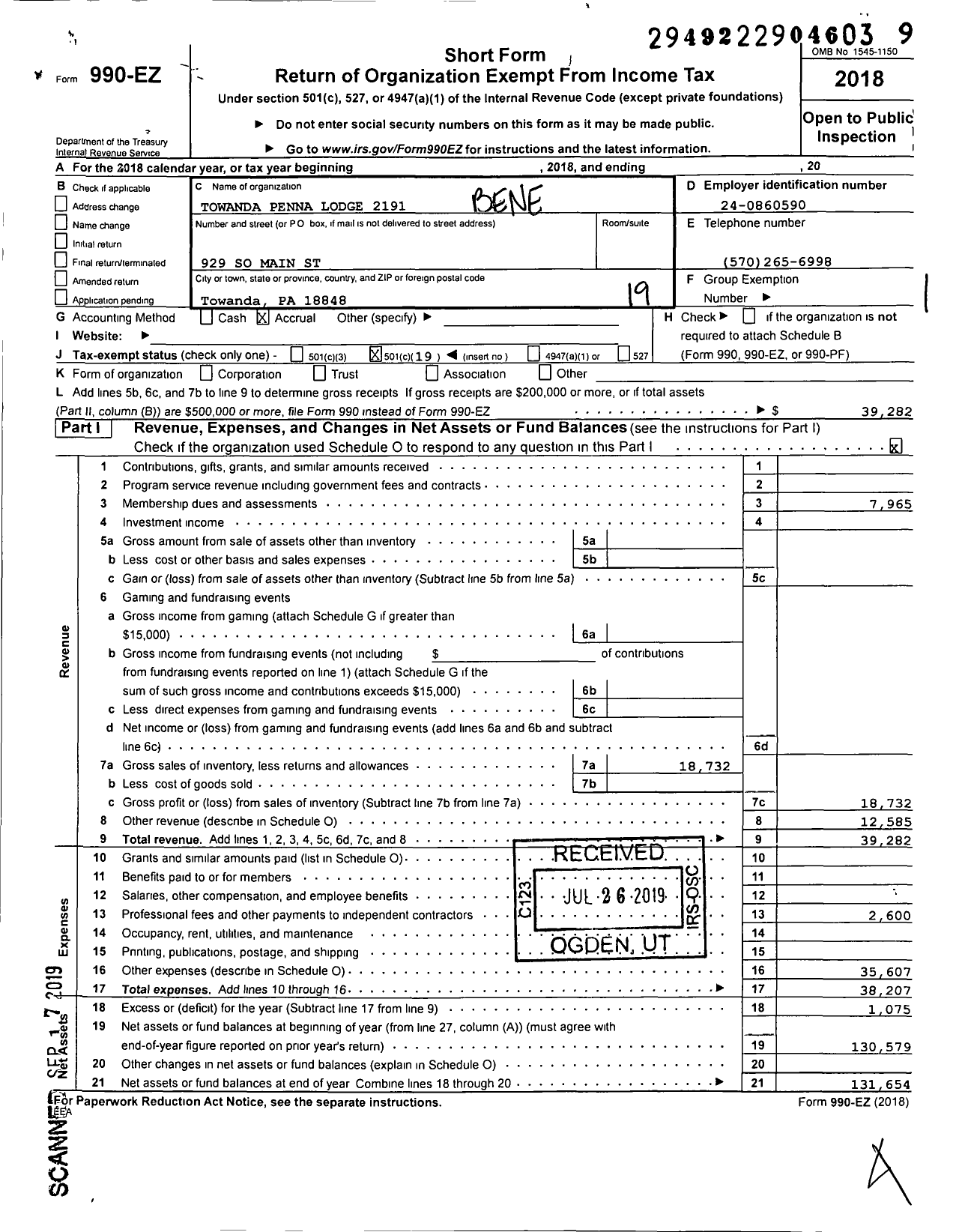 Image of first page of 2018 Form 990EO for Benevolent and Protective Order of Elks - 2191 Towanda Penna Lodge