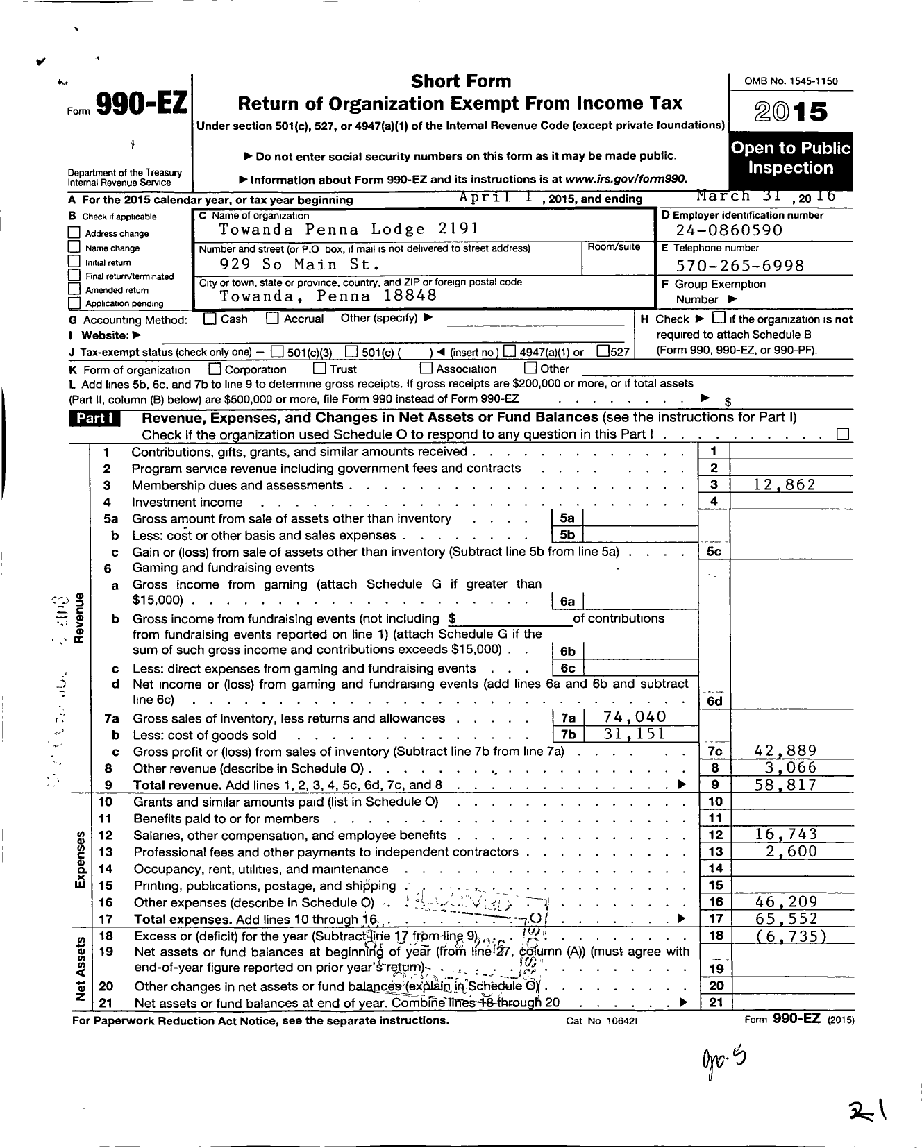 Image of first page of 2015 Form 990EO for Benevolent and Protective Order of Elks - 2191 Towanda Penna Lodge