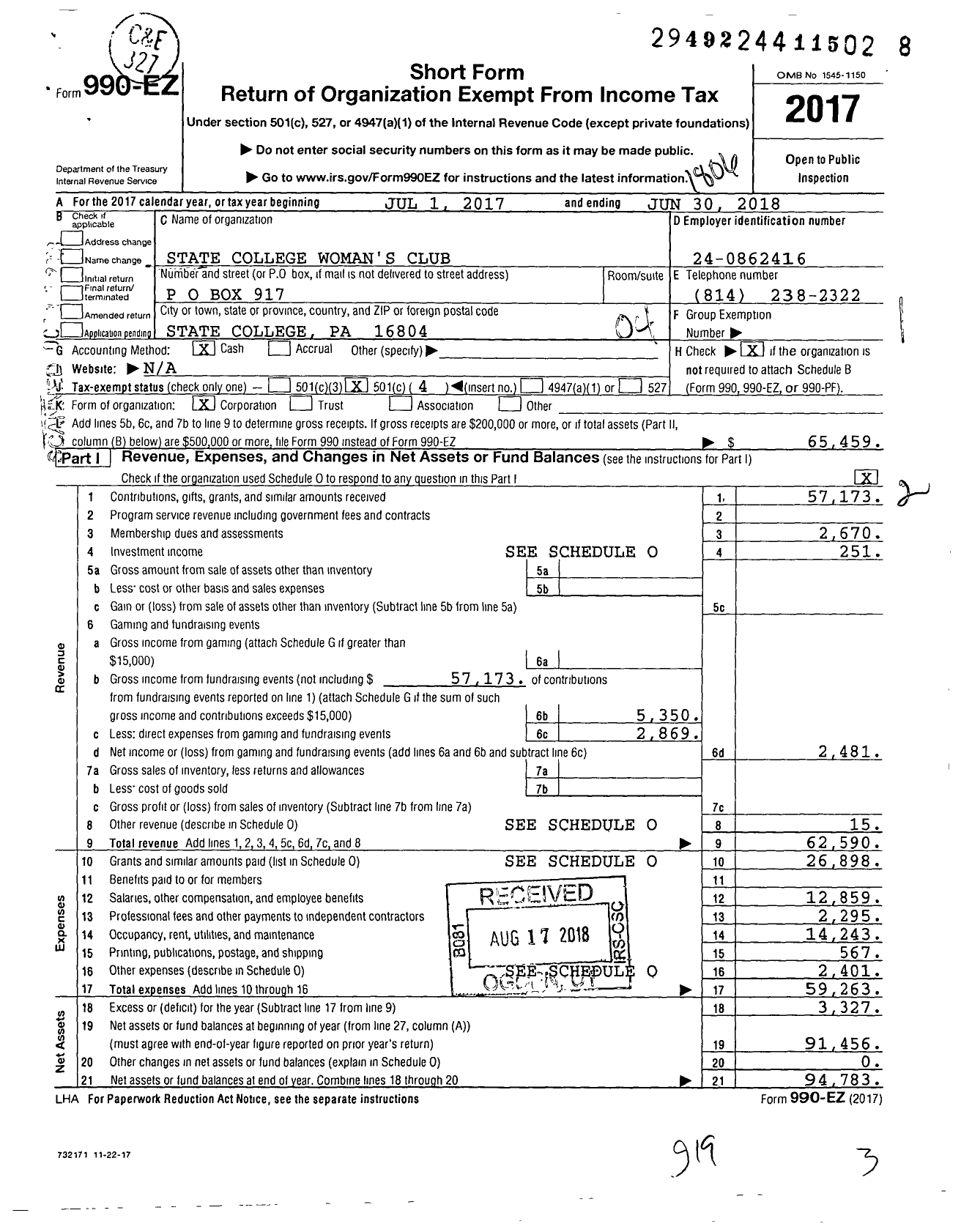 Image of first page of 2017 Form 990EO for State College Womans Club