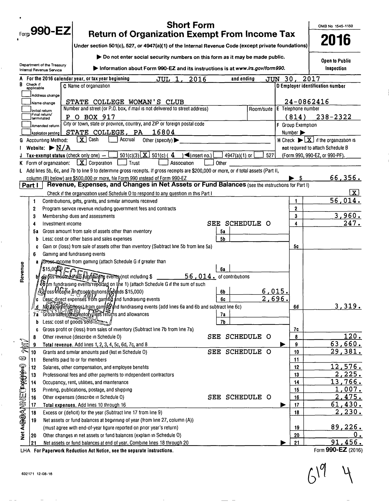 Image of first page of 2016 Form 990EO for State College Woman's Club