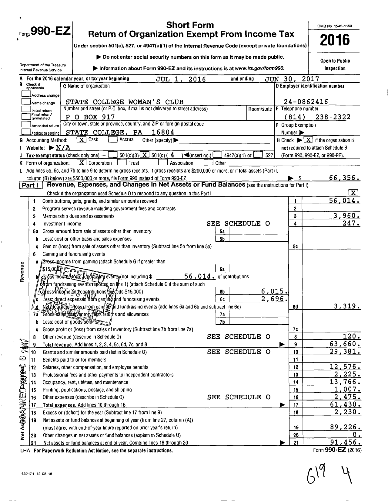 Image of first page of 2016 Form 990EO for State College Womans Club