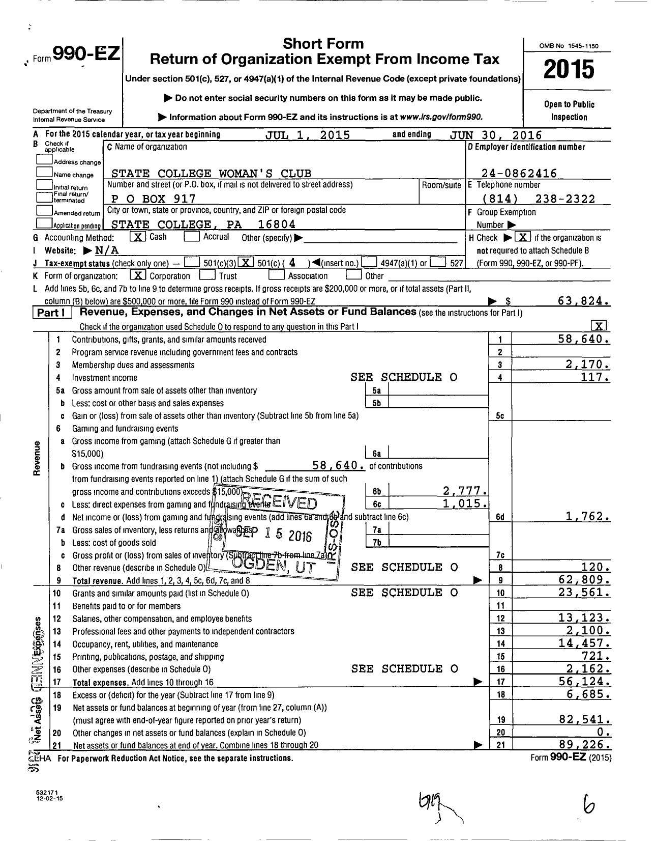 Image of first page of 2015 Form 990EO for State College Womans Club