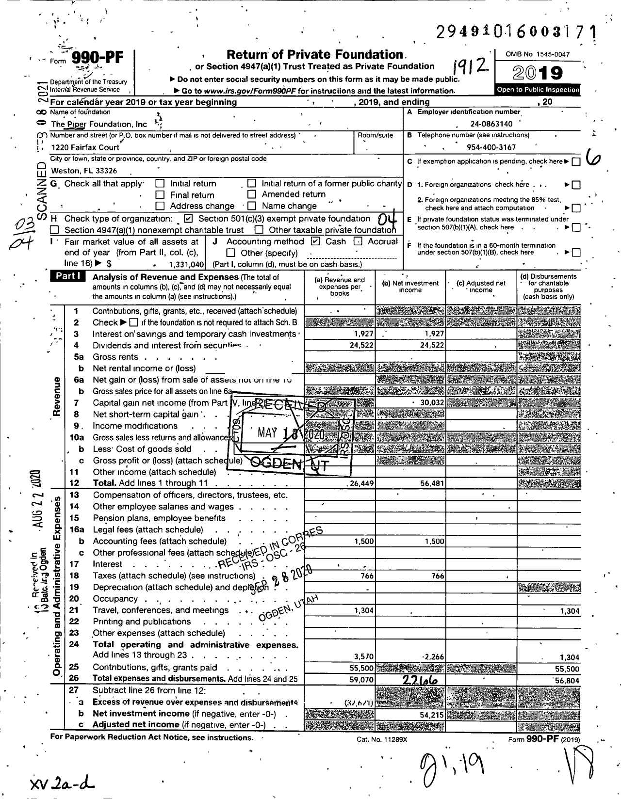 Image of first page of 2019 Form 990PF for The Piper Foundation