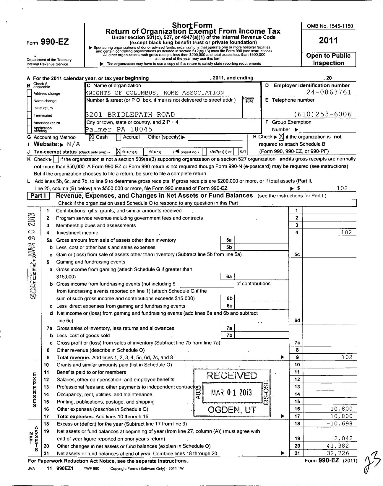 Image of first page of 2011 Form 990EZ for Knights of Columbus Home Association