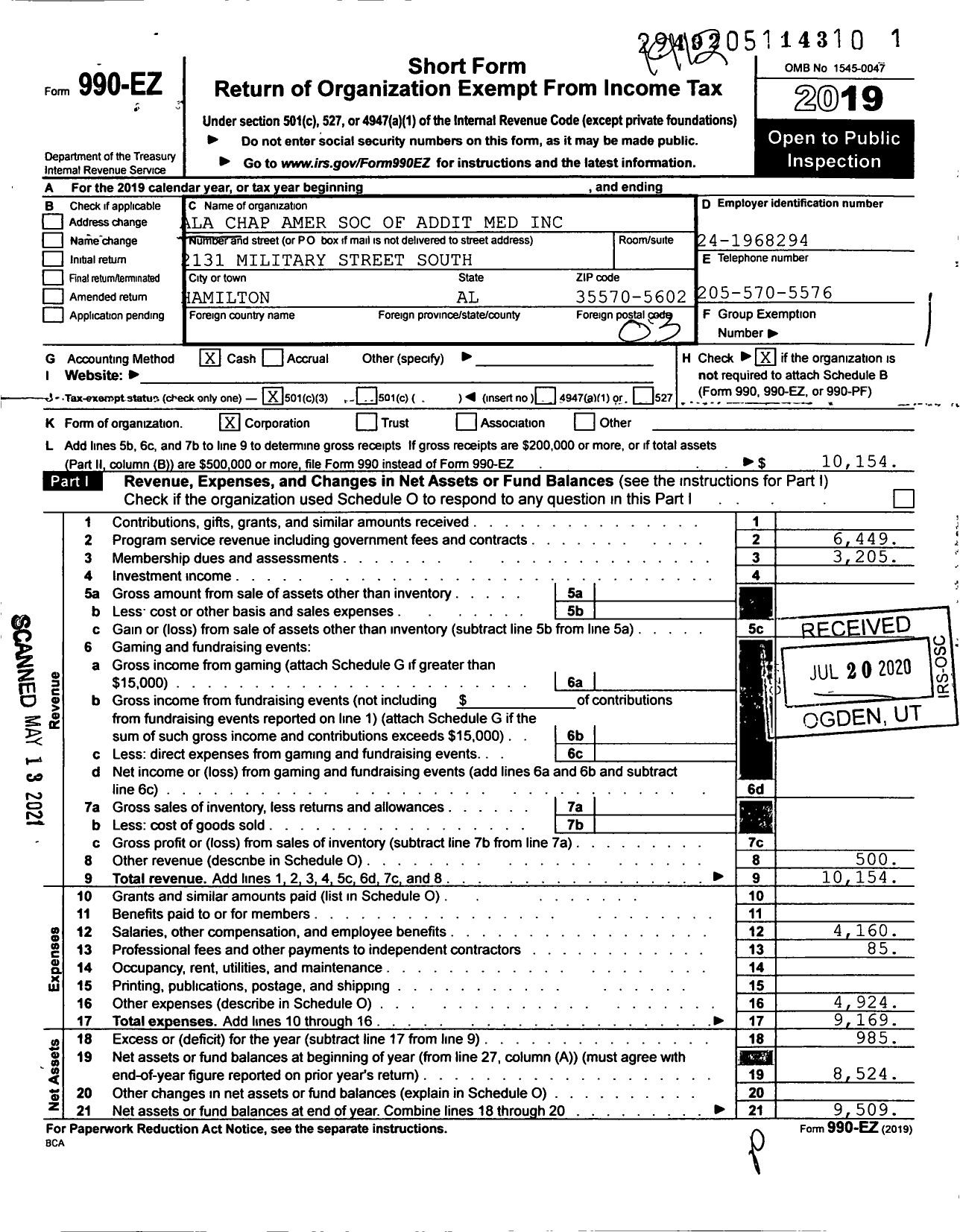 Image of first page of 2019 Form 990EZ for Ala Chap Amer Soc of Addit Med