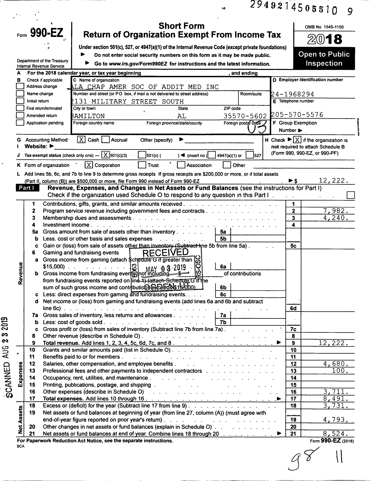 Image of first page of 2018 Form 990EZ for Ala Chap Amer Soc of Addit Med