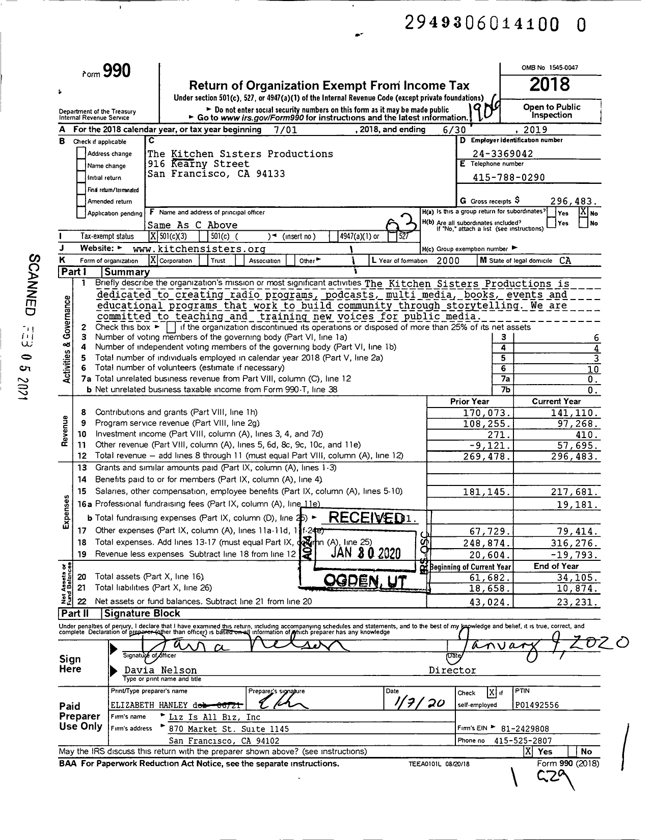 Image of first page of 2018 Form 990 for The Kitchen Sisters Productions