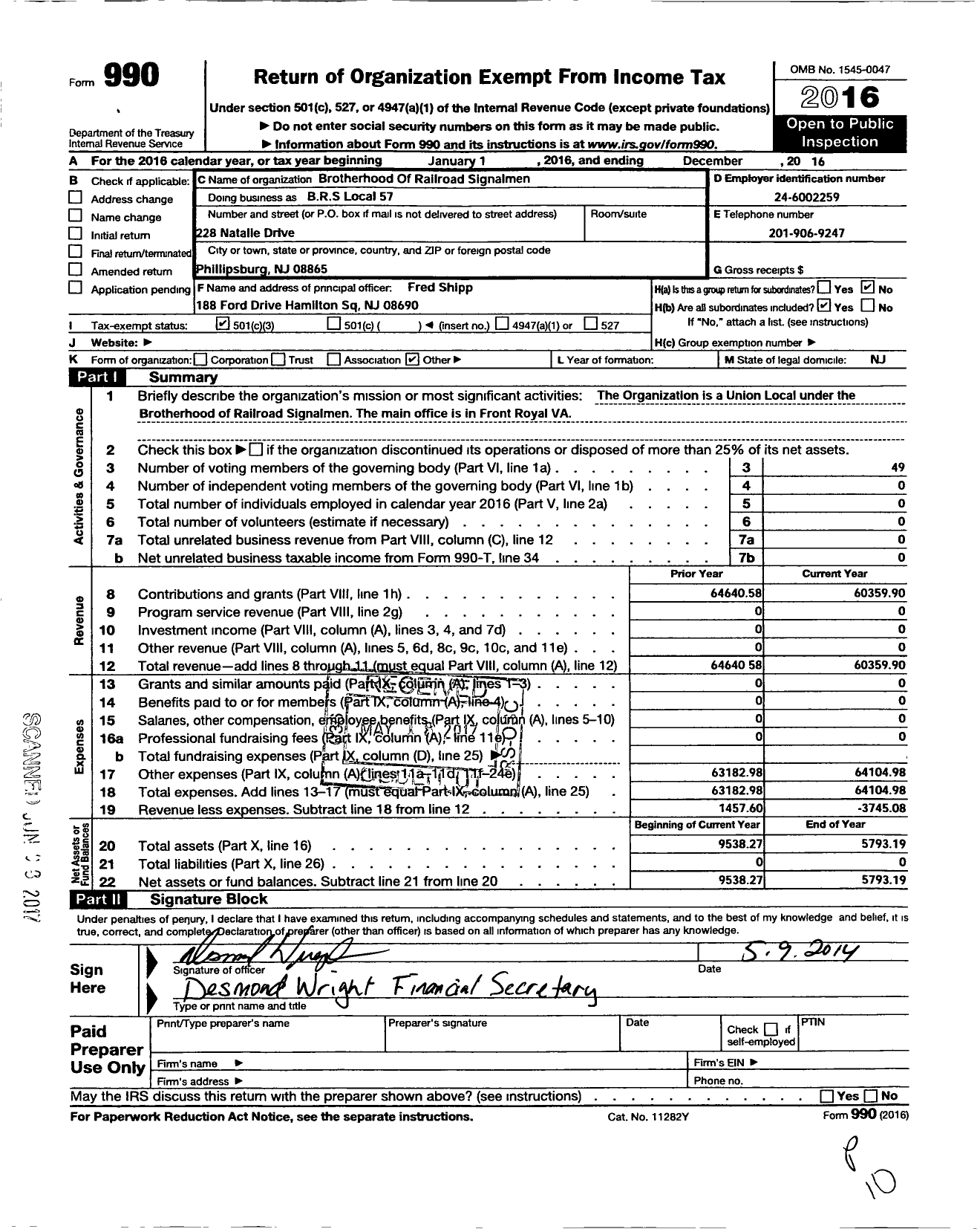 Image of first page of 2016 Form 990 for Brotherhood of Railroad Signalmen / Local 57