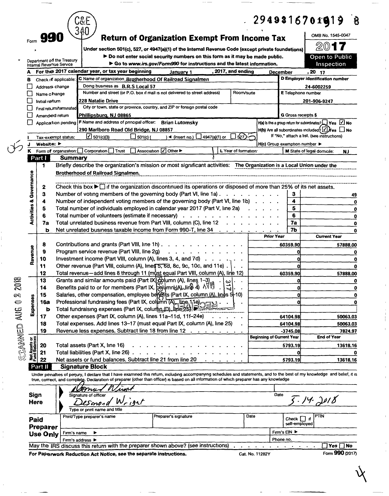 Image of first page of 2017 Form 990O for Brotherhood of Railroad Signalmen / Local 57