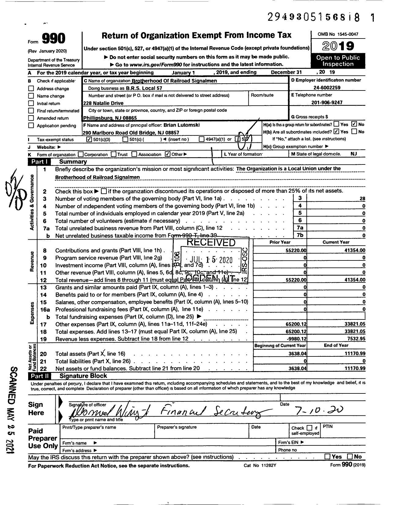 Image of first page of 2019 Form 990O for Brotherhood of Railroad Signalmen / Local 57