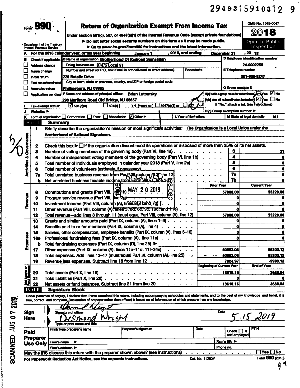 Image of first page of 2018 Form 990O for Brotherhood of Railroad Signalmen / Local 57