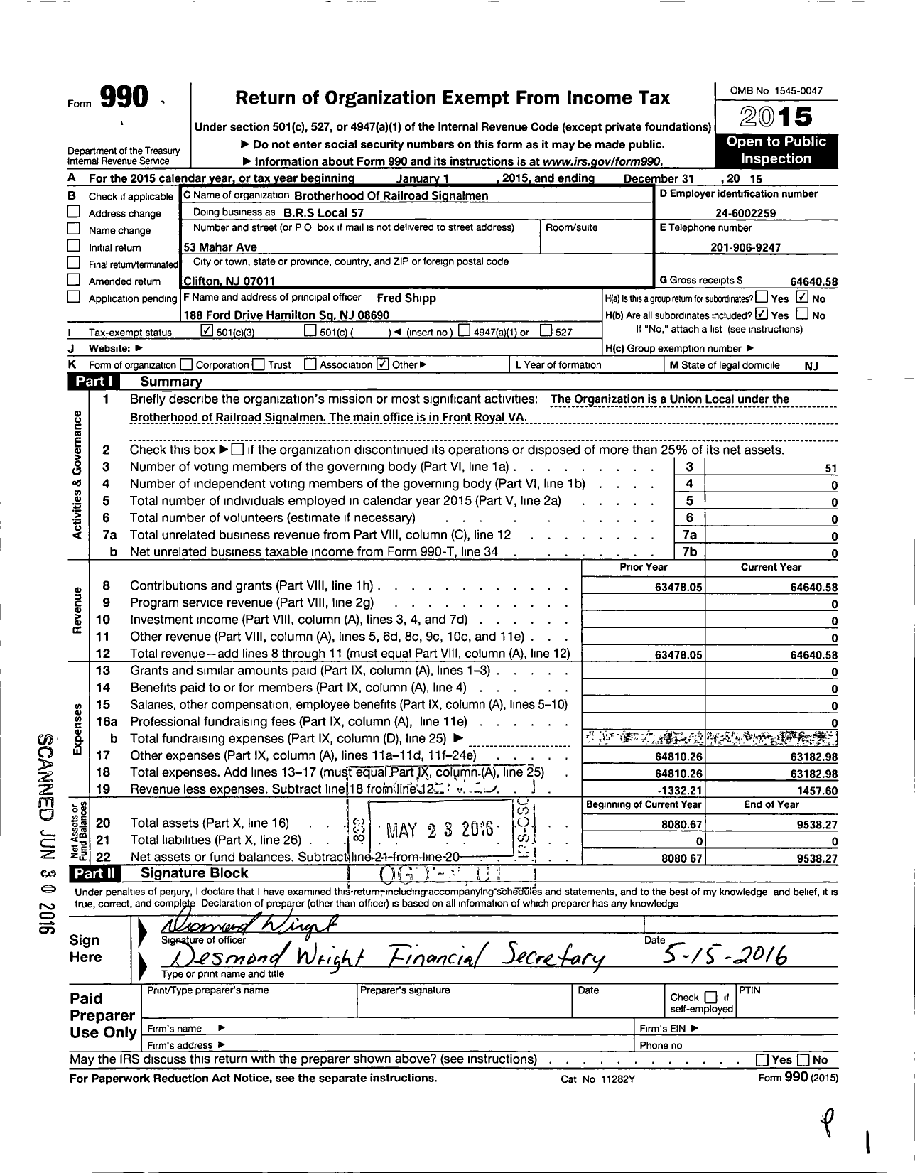 Image of first page of 2015 Form 990 for Brotherhood of Railroad Signalmen / Local 57