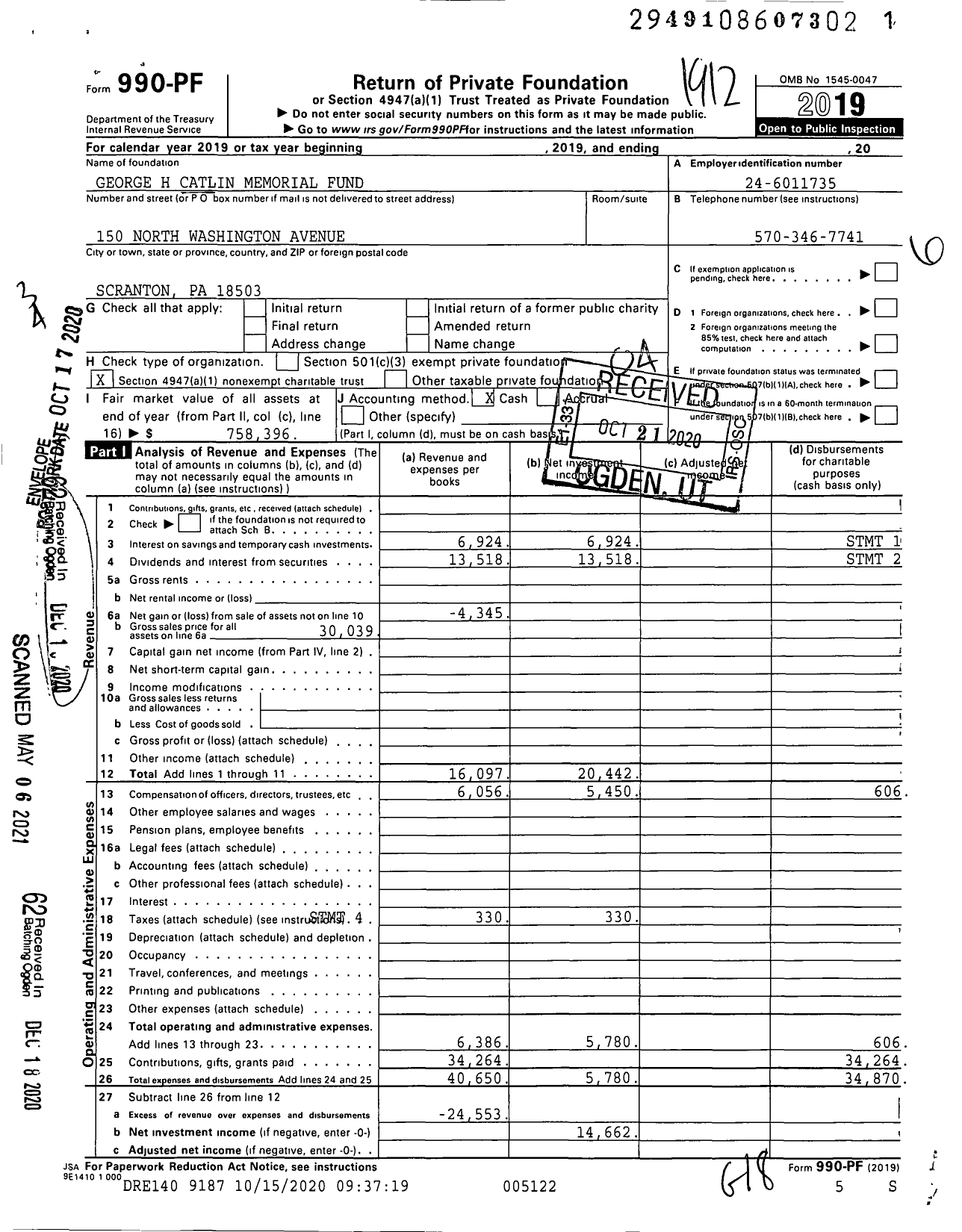 Image of first page of 2019 Form 990PF for George H Catlin Memorial Fund