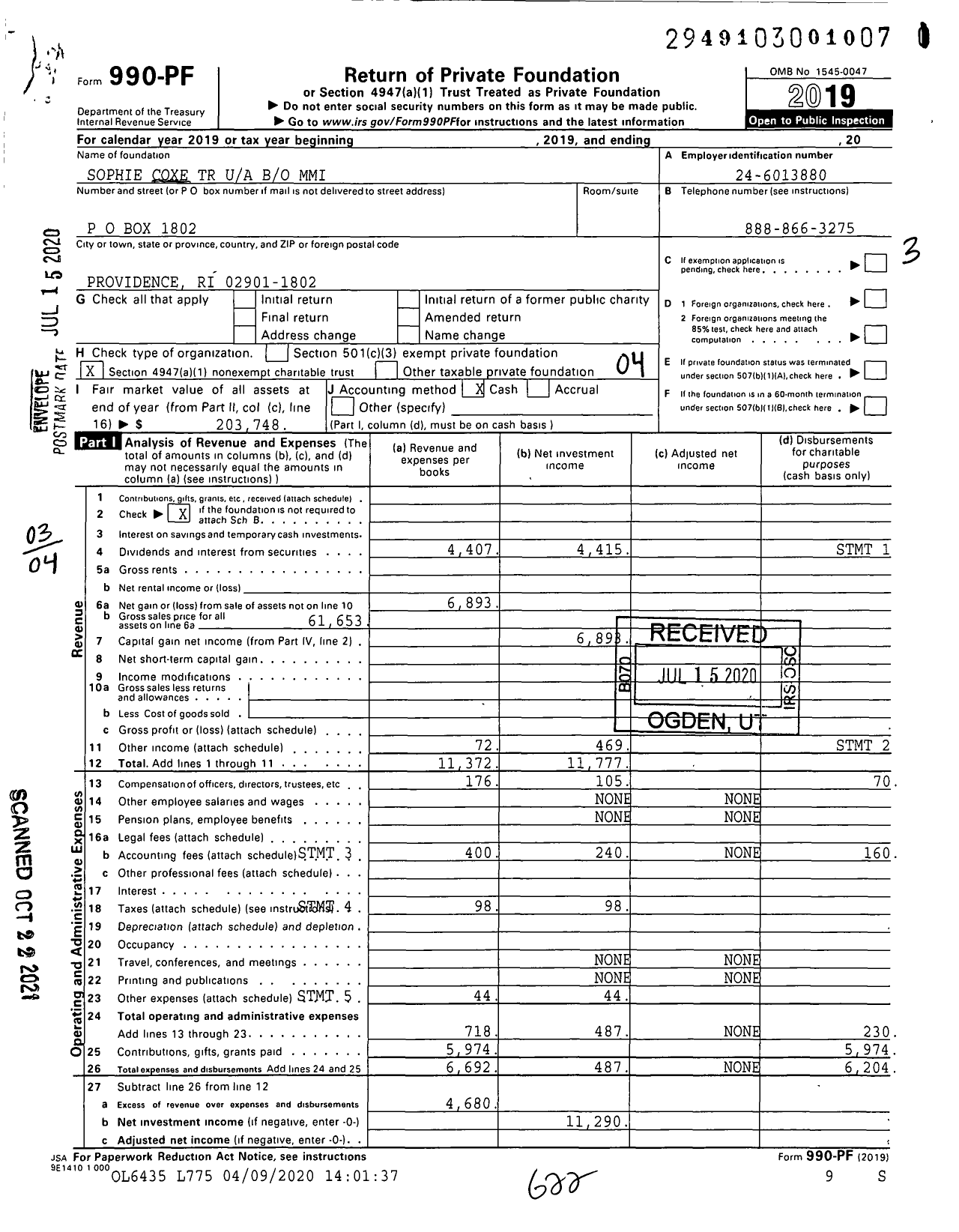 Image of first page of 2019 Form 990PF for Sophie Coxe TR Bo Mmi