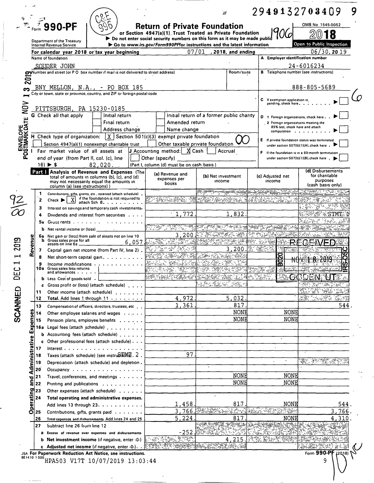 Image of first page of 2018 Form 990PF for Souder John