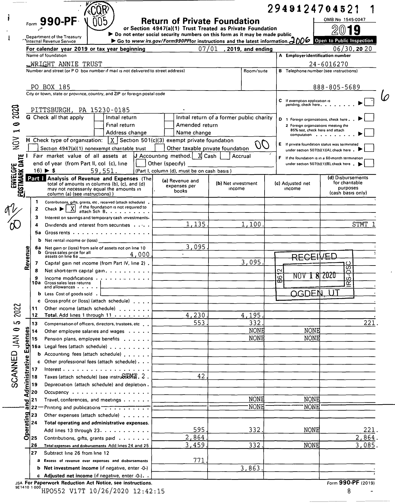 Image of first page of 2019 Form 990PF for Wright Annie Trust