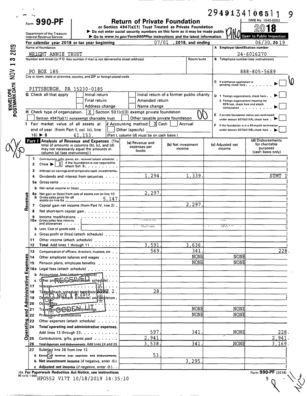 Image of first page of 2018 Form 990PF for Wright Annie Trust