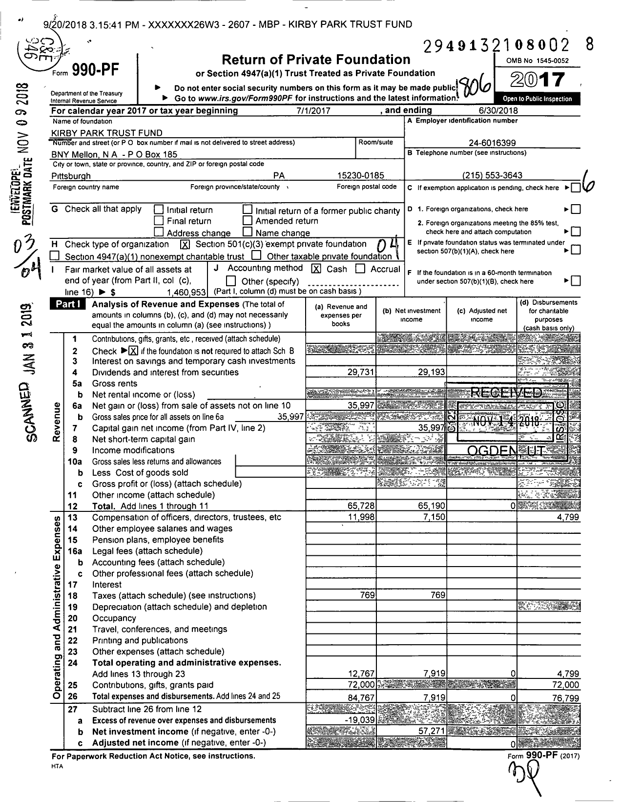 Image of first page of 2017 Form 990PF for Kirby Park Trust Fund